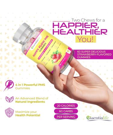 Happy Flow Strawberry Chewable PMS Gummies | Hormone Balance Chasteberry Supplement with Dong Quai & Vitamin B6 | Period Relief for Women (60 Count) - Buy Online on GoSupps.com