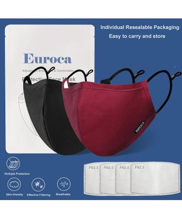 Euroca 4-Layer Cloth Face Mask Reusable Washable Adjustable For Adult -2 Packs with 4 Filters Included Black Burgundy (Small) - Buy Online on GoSupps.com