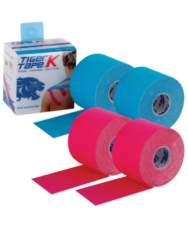 TIGERTAPES - Tiger K Tape (5cm x 5m) - Kinesiology Tape Uncut Roll Elastic Therapeutic Muscle Support Tape for Exercise Sports & Injury Recovery - Water Resistant Breathable Blue/Pink