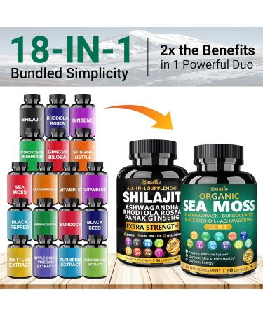 Bualle Organic Sea Moss for Women & Shilajit for Men,Ashwagandha Supplement with Black Seed Oil, Maca & Ginger, Supports Daily Wellness, Skin & Energy 120 Vegan Capsules Organic Herbal Complex 120 Count (Pack of 1) Sea Mo  - Buy Online on GoSupps.com