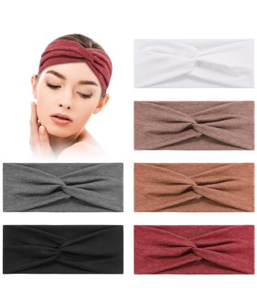 HAUKL Headbands For Women 6Pack Cotton Wide Headband Absorbed for Sports Yoga Workout Head Bands Strech Comfortable Soft Twist Knotted Headbands