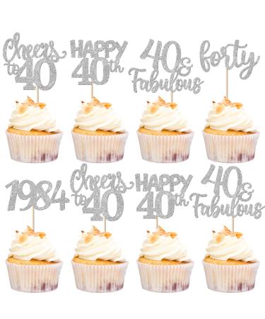 Rsstarxi 30 Pack Happy 40th Birthday Cupcake Toppers Glitter Forty Since 1984 Cheers to 40 Fabulous Cupcake Picks Decors for 40th Birthday Anniversary Party Cake Decorations Silver 40th Silver