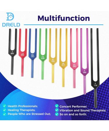 Dreld 9 Solfeggio Tuning Forks Kit for DNA Repair & Healing Sound Therapy - Colorful | Includes Silicone Hammer and Bag - Perfect Musical Instrument for Balancing Healers - Buy Online on GoSupps.com