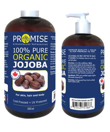 500ml (16.9oz) ORGANIC JOJOBA Oil 100% Pure Moisturizing Oil skin hair and body Unrefined Hexane Free Natural Cold Pressed + UV Protected Carrier Oil Certified Organic Made in Canada (500ml) 500 ml (Pack of 1)