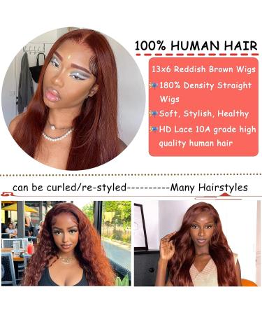 Reddish Brown 22 Inch HD Lace Front Human Hair Wig 180% Density with Baby Hair - Pre Colored Auburn Copper Red Bone Straight Glueless 13x6 Reddish Brown Lace Front Wig 33B - Buy Online on GoSupps.com