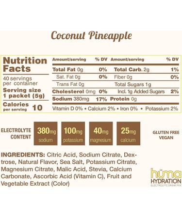 Huma Hydration Drink Mix  30-Count  Coconut Pineapple - Low Calorie  High Electrolyte Powder for Sports & Exercise - 100% Natural  1g Sugar  10 Calories  Vegan  Gluten Free 30 Count (Pack of 1) Coconut Pineapple - Buy Online on GoSupps.com