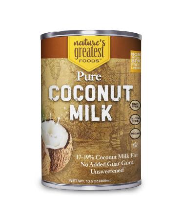 Pure Coconut Milk by Natures Greatest Foods - 13.5 Oz - No Guar Gum, No Preservatives  Gluten Free, Vegan and Kosher - 17-19% Coconut Milk Fat, Unsweetened 13.5 Ounce (Pack of 12)