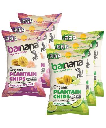 Barnana - Plantain Chips 2-Flavor Variety Pack Himalayan Sea Salt + Acapulco Lime w/ 100% Coconut Oil Non-GMO Potato Chip Alternative Low Sugar Paleo Vegan USDA Organic (2oz 6-Pack)
