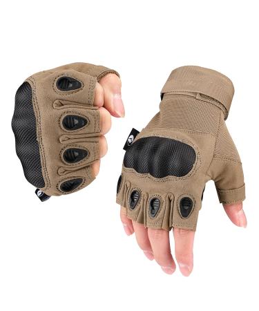 Mossy Oak Fingerless Tactical Gloves, Combat Gloves with Hard Knuckle for Outdoor Sports Training Shooting Airsoft Paintball Army Hunting Motorcycling Cycling Tan Large