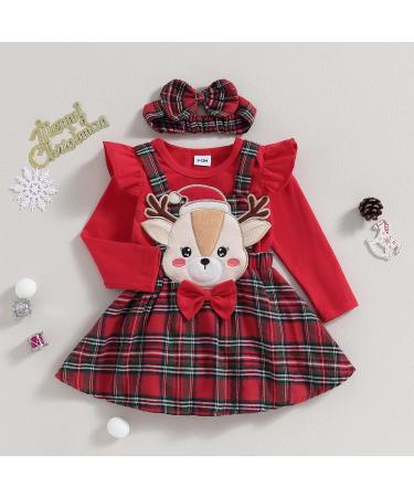 ZZLBUF Toddler Baby Girl Outfits 3Pcs Set | Ribbed Ruffle T-shirt & Suspender Skirt | Elk Red Plaid | 9-12 Months - Buy Online on GoSupps.com