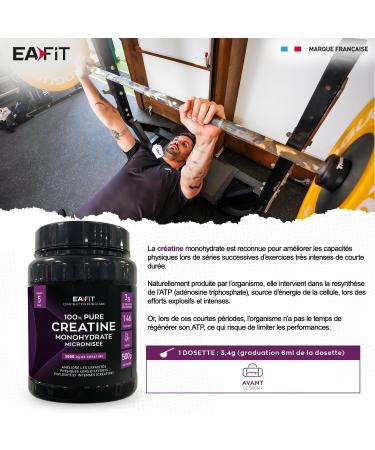 EAFIT PURE CREATINE MONOHYDRATE MICRONIS E 500g - 5 Mois - Creatine Monohydrate Poudre - Musculation Homme - Prise de Masse - Augmente les Performances Physiques - Preworkout Booster Puissant - Buy Online on GoSupps.com