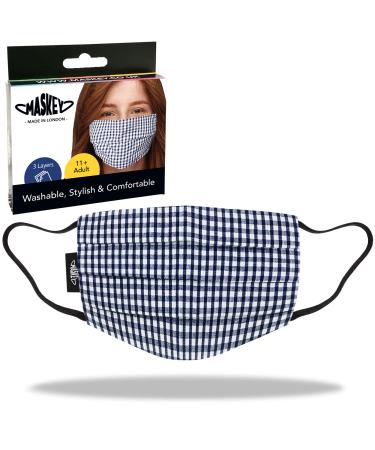 Navy Gingham Washable and Reusable Face Mask from MASKEY | 3 Layers of Blended Cotton | Unisex and Super Stylish | Made in London UK | Lasts Over 100 Washes (Navy Gingham)