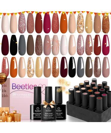 Beetles 23Pcs Gel Nail Polish Kit Fall Winter Colors with Base Top Coat Verse of Roses Kit Nude Pink Brown Burgundy Red Christmas Gel Polish Set Golden Glitter Verse of Roses 25
