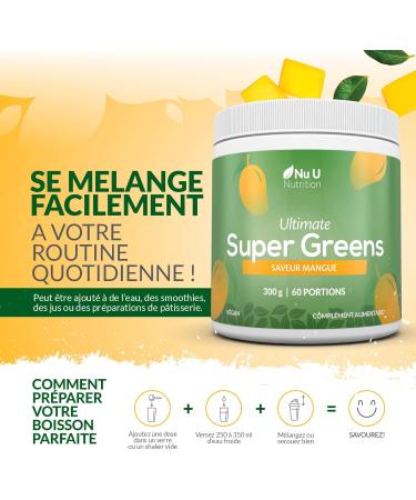  Nu U Nutrition Super Greens | Mango | Green Juice Powder 300g - 17 Active Superfood Ingredients - 60 Servings - With Inulina Spirulina Chlorella Maca Root & More - 100% Vegan Nu U Nutrition - Buy Online on GoSupps.com