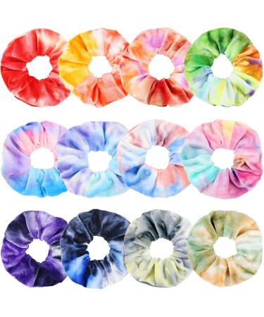 IVARYSS Scrunchies for Girls, 12 Pcs Tie Dye Velvet Scrunchies for Hair, Soft Rainbow Ponytail Holder, Cute Candy Colors Elastic Hair Bands for Teens and Women Rainbow Colors