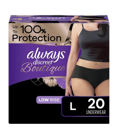 Always Discreet Boutique, Incontinence & Postpartum Underwear For Women, Low-Rise, Size Large, Black, Maximum Absorbency, Disposable, 20 Count Black Low Rise Large (20 Count)