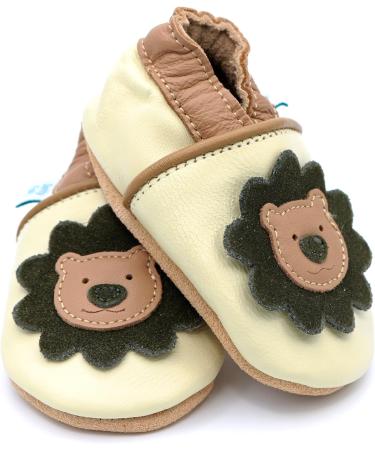 Dotty Fish Soft Leather Baby Shoes for Boys | Non Slip Toddler Shoes with Animal Designs | 0-6 Months to 4-5 Years | Cream Brown Lion - Buy Online on GoSupps.com