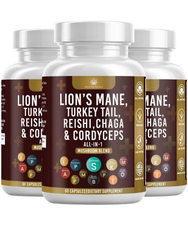 Mushroom Supplement with Lion's Mane Turkey Tail Reishi Cordyceps Chaga Marshmallow Root - 180 Count 180 Capsules (Pack of 3)