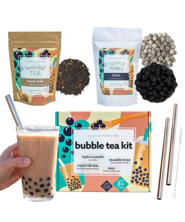 Flavor Purveyor Bubble Tea Kit, Easy DIY Boba Tea Kit, Includes Tapioca Boba Pearls, Royal Milk Loose Tea Leaves 2 Reusable Straws, Vegan and Dairy-Free 4 Piece Set