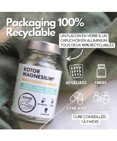 Magnesium Bisglycinate | 100% Natural | Fatigue Stress Sleep Sport + Sea Lettuce + Vitamin B6 + Taurine | 60 Capsules | French | KOTOR PHARMA - Buy Online on GoSupps.com