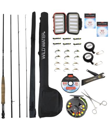 Wild Water Deluxe Fly Fishing Combo Starter Kit, 5 or 6 Weight 9 Foot Fly Rod, 4-Piece Graphite Rod with Cork Handle, Accessories, Die Cast Aluminum Reel, Carrying Case, Fly Box Case & Fishing Flies