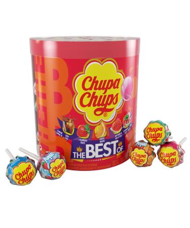 Chupa Chups Candy, Lollipops Drum Display, 60 Count, 5 Assorted Candy Flavors for Kids, Holiday, Parties, Office, Concessions cola