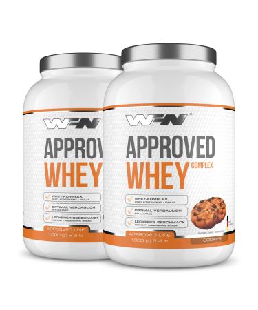 WFN APPROVED Whey - Whey protein powder - cookies - 2x 1 kg - with whey protein isolate & lactase - very good soluble protein powder - 66 portions - Made in Germany - External laboratory test cookies 1 kg (2 Pack)