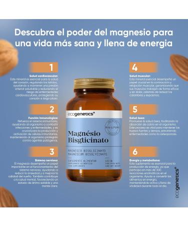 ECOGENETICS - Magnesium Bisglycinate 120 Capsules | Magnesium Supplement to Reduce Fatigue | Improves Nervous System | Blood Pressure | Strengthens the Immune System | Dental Health - Buy Online on GoSupps.com