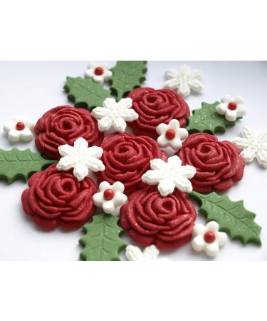 24x Red Roses Holly Leaves Christmas Cake Toppers Edible Winter Sugar Flowers Cake Cupcake Decorations - Buy Online on GoSupps.com