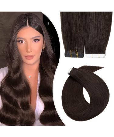 Elailite Tape Extensions Real Hair Hairpiece Adhesive Tape 40cm 30g Hair Extension Straight Remy 20 Pieces 16" Human Hair #02 dark brown