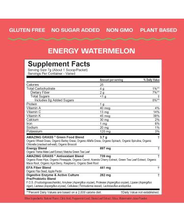 Amazing Grass Green Superfood Energy Watermelon Powder - 60 Servings - Caffeine with Matcha Green Tea & Beet Root - Plant Based Smoothie Mix - Pack of 1 - Buy Online on GoSupps.com