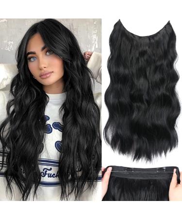 Halos black Hair Extensions with Transparent Wire Invisible Wire Hair Extensions with 5 Adjustable Sizes 20 Inch Synthetic Long Wavy Hair Pieces for Women (Color: Black)