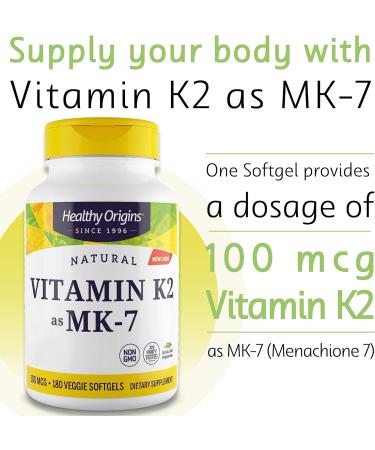 Healthy Origins Vitamin K2 MK-7 100mcg - 180 Vegetarian Softgels | High Strength, Lab Tested, Gluten-Free, Non-GMO - Buy Online on GoSupps.com