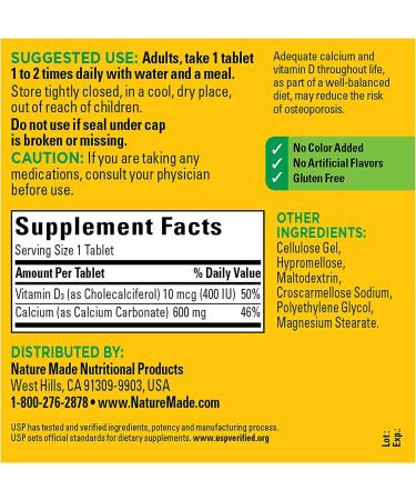 Nature Made Calcium 600mg with Vitamin D3 - 220 Tablets | Bone Support Supplement - Buy Online on GoSupps.com