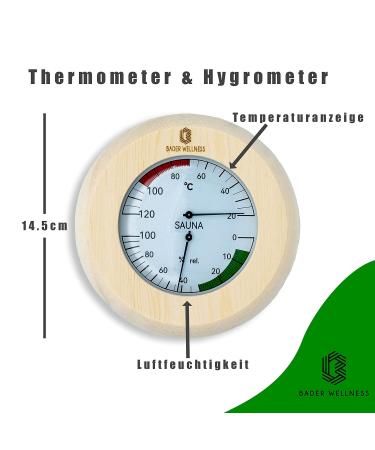 Bader Wellness Sauna Thermometer Hygrometer 2in1 - Premium Heat-Resistant Sauna Accessories with Solid Wood Frame | Accurate Temperature & Humidity Measurement (20 C - 120 C) - Buy Online on GoSupps.com