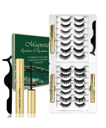 Magnetic Eyeliner & Eye Lashes Kit, 14 Pairs Magnetic False Eyelashes with 3 Magnetic Eyeliner, Reusable 3D Natural Magnetic False Eyelashes with Applicator, 14 Pairs Magnetic Lashes and Tweezers (Black-14 Pairs-A)