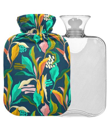NAANLE hot hot water bottle with cover tropical leaves Transparent hot water bottle heat bottle for back pain relief handfoot warmer neck hot and cold therapy 1l