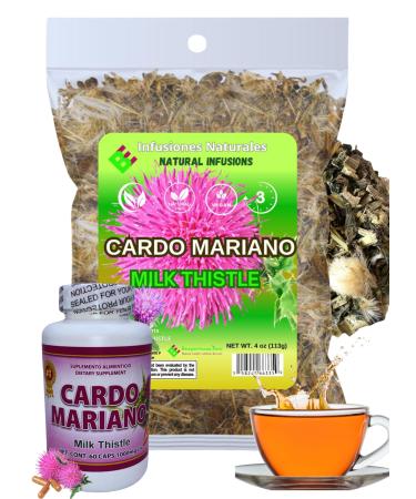 Cardo Mariano Herb Tea & Capsules | Vegan | 100% Pure & Natural Milk Thistle | Loose Tea 4oz (113g) + 60 Capsules (1000 mg Each) - Herbal Dietary Supplement | Extra Forte