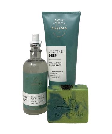 Bath & Body Works Aroma Breathe Deep Eucalyptus & Lavender Gift Set- Ultimate Hydration Body Cream - Essential Oil Mist with a Fresh Forest Bar Soap.