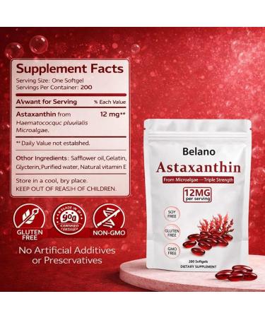 Belano Astaxanthin 12 mg 200 Softgels Natural Astaxanthin Antioxidant Supplement Clean Formula Non-GMO Verified & Gluten Free - Buy Online on GoSupps.com