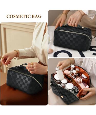 Aucuu Large Capacity PU Leather Travel Cosmetic Bag for Women - Waterproof Makeup Organizer with Handle - Black - Buy Online on GoSupps.com