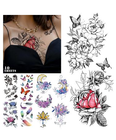 Cerlaza Temporary Tattoos for Women Adults  Butterfly Flower Stickers Fake Semi Permanent Long Lasting Tattoos  Body Leg Makeup Waterproof Realistic Henna Tattoos Kit-45 Styles on 10 Sheets