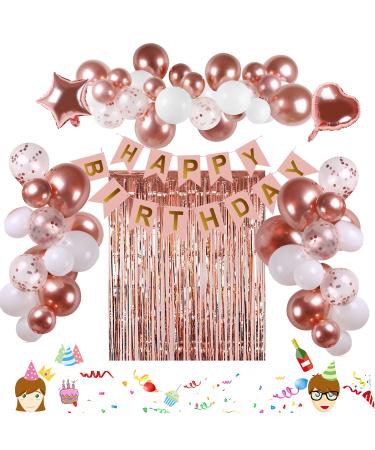 Rose Gold Birthday Decorations 74pcs Rose Gold White Balloons with Rosegold Confetti Balloons Curtain & Happy Birthday Banner for Girls Women Birthday Party Wedding Baby Shower