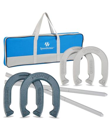 SpeedArmis Horseshoes Set, Universal Size Lawn Horseshoes Outdoor Games for Parties Beach Backyard - Includes 4 Horseshoes & 2 Steel Stakes & Durable Carrying Bag Blue & Silver