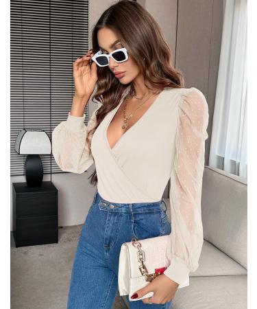 Fayenne Womens Tops Deep V Neck Cross Wrap Sexy Tops Polka Dot Mesh Long Sleeve T Shirt Casual Blouses XL Beige - Buy Online on GoSupps.com