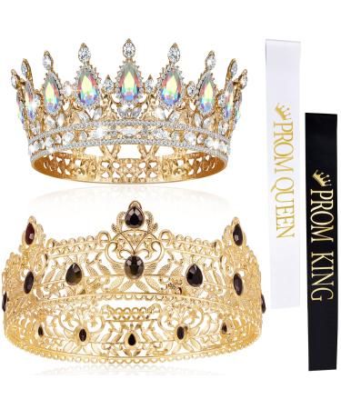 4 Pieces Gold King Crown Tiara Crowns for Men Women Prom Queen and King Satin Sash Rhinestone Crown for Wedding (AB Diamond  5.9 x 2.5 Inch  5 x 2 Inch) 4 Piece Set AB Diamond