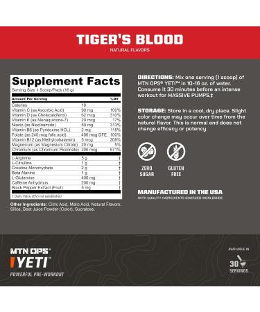 MTN OPS Yeti Pre-Workout Powder Energy Drink with Creatine 200mg Caffeine & BCAAs with Beta Alanine 30-Serving Tub Tiger's Blood Tiger's Blood 30 Servings - Buy Online on GoSupps.com