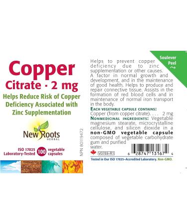 New Roots Herbal - Copper Citrate 2mg 100 Capsules - Helps to Form Red Blood Cells - Helps to Prevent Copper Deficiency - Mineral Supplement - Buy Online on GoSupps.com