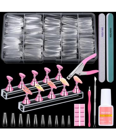 600PCS Clear Coffin Nail Tips Set Qinzave Clear Acrylic Nail Tips with Nail Glue Clear Coffin Nails Tip Full Cover with Nail Display Stand  Cuticle Nail Pusher Remover  Nail Clipper Nail Files Buffer