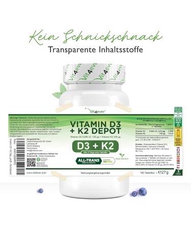 Buy Vitamin D3 + K2 Depot - 180 Tablets | Premium 99.7% All-Trans K2Vital | 5000 I.E. Per Tablet | High Dose & Laboratory Tested - Buy Online on GoSupps.com
